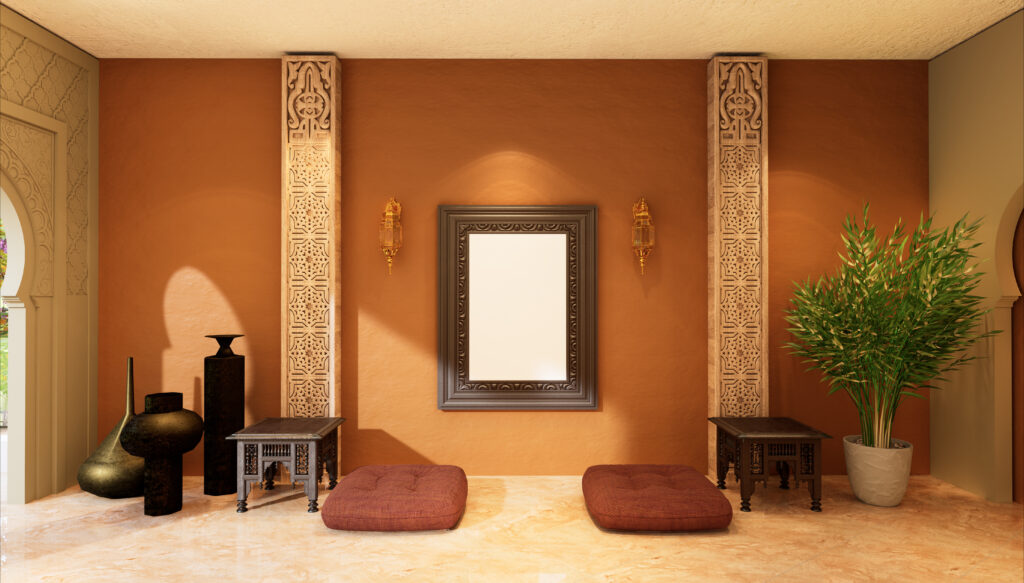 3D illustration, Mockup photo frame on the wall of lounge or living room, Interior of comfortable with luxury and beautiful furniture, rendering
