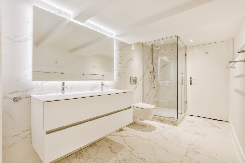 Luxury interior design of a bathroom with marble walls